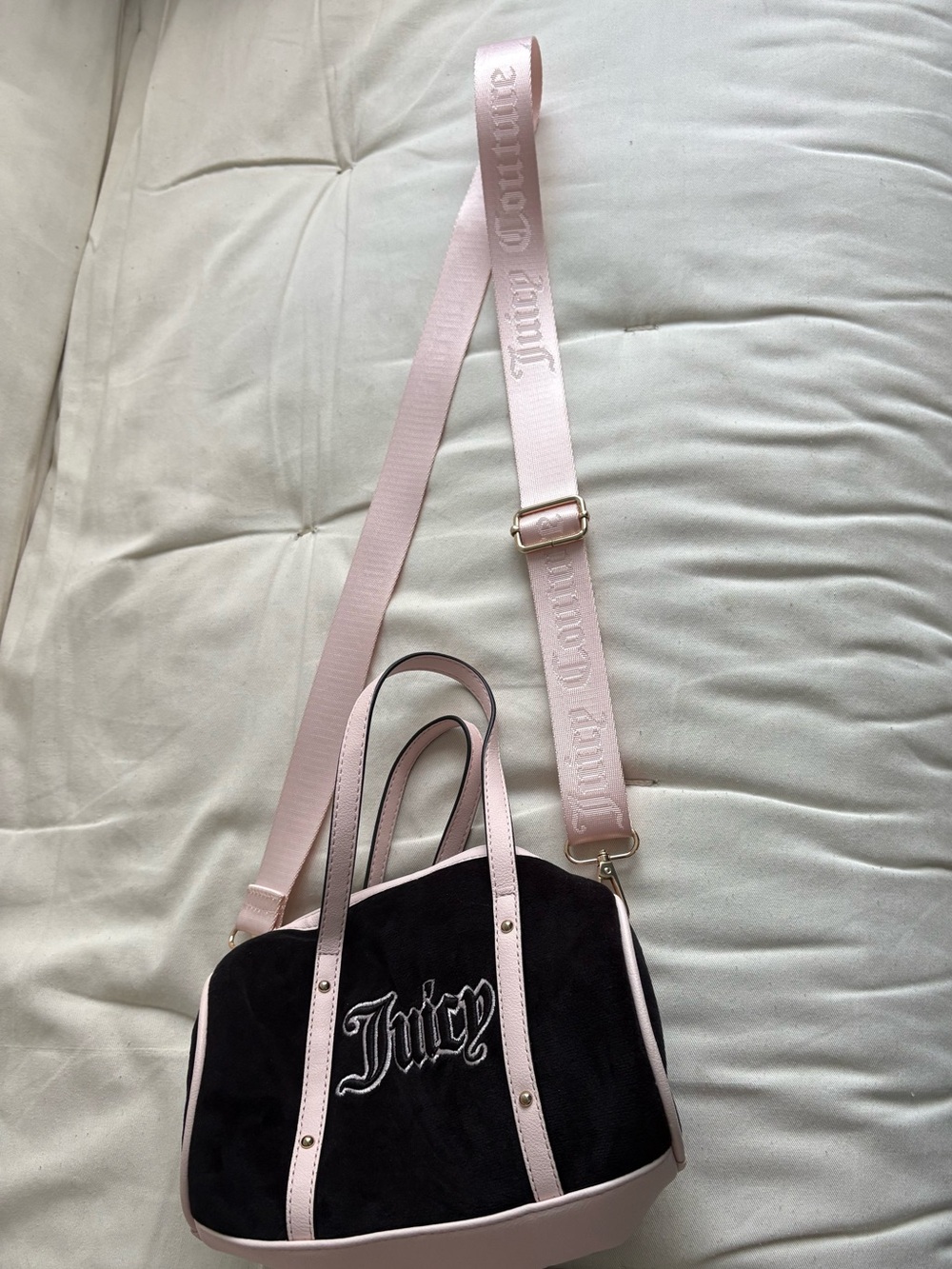 Juicy Couture Black Suede Crossbody with Pink Trim and Strap